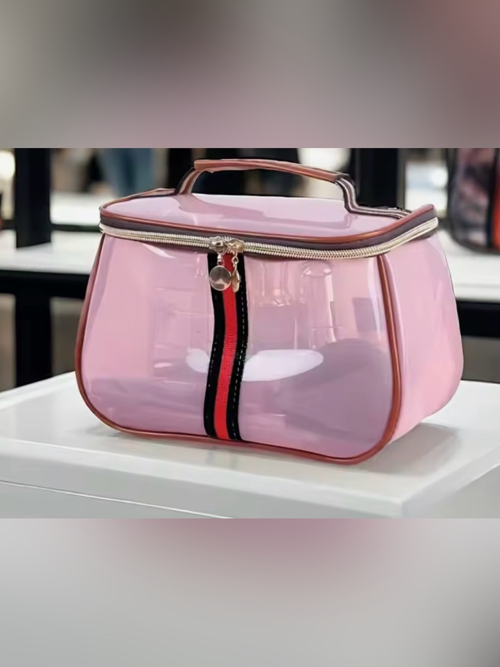 Pink Clear Cosmetic Carry Case with Top Handle